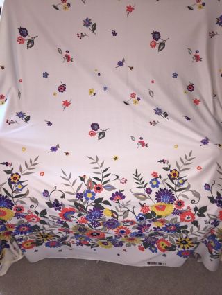 Vintage Polyester Rayon Stretch Fabric 64 " W X 3 Yds Bright Flower Garden On Tan