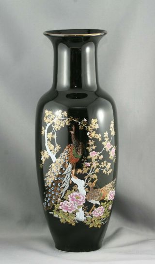 Classy Vintage Japanese Glossy Black Porcelain Vase Decorated W/peacocks Signed