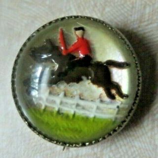 Vintage Design Under Glass Pin Button Horse & Rider Jumping Fence Equestrian