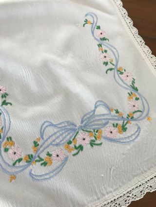 Vintage Table Runner Dresser Scarf Stitched Linen Large Bow Flowers