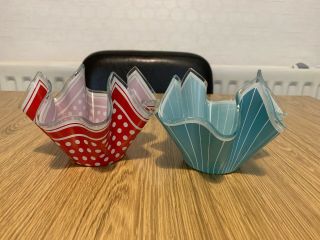 Vintage Chance Handkerchief Glass Dish Bowls X 2 Red Spots & Light Blue Stripes