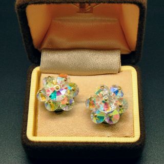 Vintage Jewellery Gorgeous 1950s Gold Tone Rainbow Aurora Borealis Bead Earrings