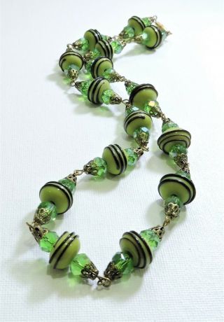 Vintage Green With Black Stripes Lampwork Art Glass Bead Necklace Au19330