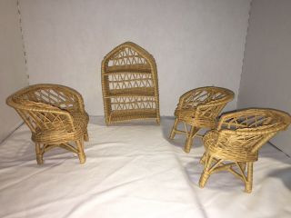 Vintage Wicker Doll Furniture (barbie Size) : Couch,  2 Chairs And Bookcase