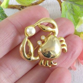 Vintage Gold Tone Metal & Faux Pearl Crab Brooch Pin