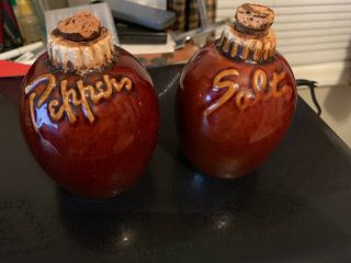Vintage Hull Brown Drip Stoneware Pottery Salt & Pepper Shakers Oven Proof Usa