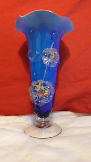 Vintage Murano Art Glass Vase With Applied Flower