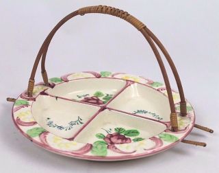 Vintage Floral Handpainted Porcelain Divided Plate Dish W/handle Made In Japan