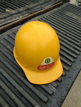 Vintage Fiberglass Msa Skullgard Safety Hard Hat Yellow With Uss Sticker