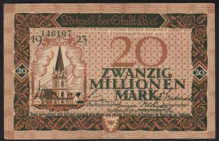 1923 20 Million Mark Kiel Germany Old Vintage Emergency Money Banknote Bill Vf