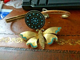 3 Vintage Bracelets Brass Snake Skin? Pewter Tone Turquoise &giant Butterfly Pin
