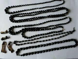 6 Vintage & Modern Black Glass Bead Necklaces And 3 Pairs Of Earrings