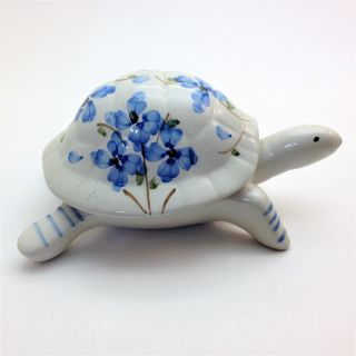 Vintage Turtle Trinket Box With Blue Flowers Made In Portugal