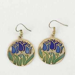 Vintage Enamel Gold Tone & Blue Tulip Flower Ladies Earrings