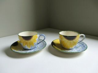 Vtg Poole Pottery Vincent Sunflower Demitasse Cup & Saucer Pair Hand Painted