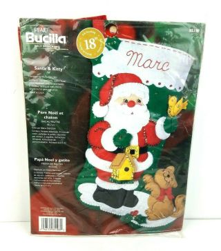 Vintage Bucilla Plaid Felt Stocking Santa & Kitty 18 " 85|80