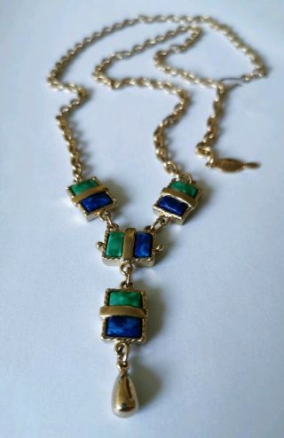 Vintage Sarah Coventry Necklace Gold Tone Blue & Green Lucite 60 