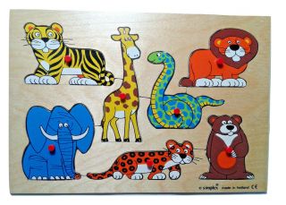 Vintage Simplex Wooden Peg Puzzle With Tray - 7 Zoo Animals Made In Holland