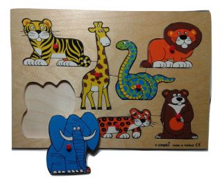 Vintage Simplex Wooden Peg Puzzle with Tray - 7 Zoo Animals Made in Holland 2