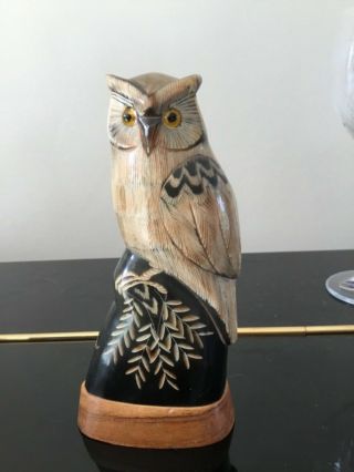 Vintage Hand Crafted Owl Sculpture Carved Buffalo Black Horn Wood Base