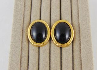 Vintage Napier Black Lucite Clip Earring Gold Tone Ribbed Frame Signed