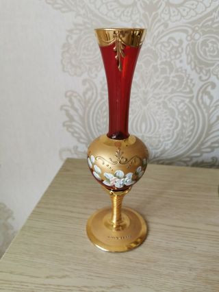 Vintage Murano Italian Floral Art Glass Ruby Red Thin Flower Vase Gold Gilt