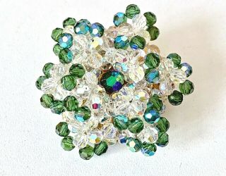Vintage 50/60s Clear & Green Iridescent Glass Beaded Cluster 3d Floral Brooch