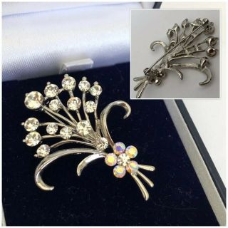 Vintage Jewellery Silver Tone Aurora Borealis Crystal Bouquet Brooch Pin Signed