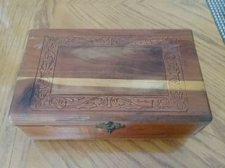 Vintage Carved Cedar Wood Jewelry Box With Mirror