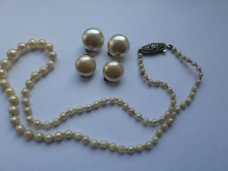 Vintage Faux Pearl Necklace Sterling Silver Clasp & 2 Pairs Silver Backed Ears