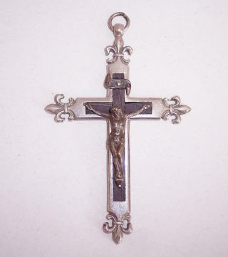 Antique/vintage Ebony Wood & Nickel Brass Crucifix/cross French Fleur De Lis