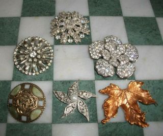 Joblot Of 6 Large Vintage Pin Brooches Inc.  Miracle Agate & Monet Examples