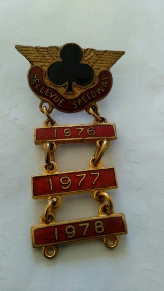 Vintage 1970s Bellevue Speedway Badge With Makers Name And 3 Year Bars