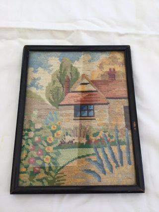 Fab Vintage Needlepoint Tapestry Framed Cottage &garden Scene In Frame