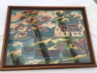 Fab Vintage Needlepoint Tapestry Framed River,  Woodland Scene In Wooden Frame