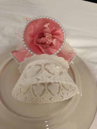 Wedding Cake Topper Pink White Lace Vintage Pink Flower Bells 4
