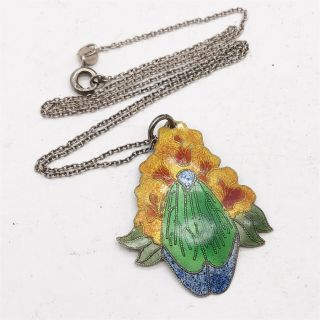 Vintage Solid Silver Enamel Flower Pendant On Chain Necklace