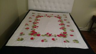 Vintage California Hand Printed Tablecloth W Geraniums Maybe Cutter