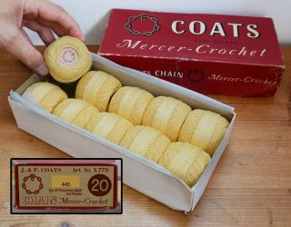 10 X Vintage J&p Coats Mercer Crochet Cotton 20g Balls - Yellow / Cream.