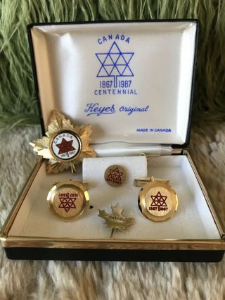 Vintage Canada Centennial 1867 - 1967 Cufflinks Tie Pin And Badge Set (expo 67)