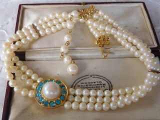 Lovely Vintage 1960s Triple Strand Pearl Choker Necklace With Blue Crystals