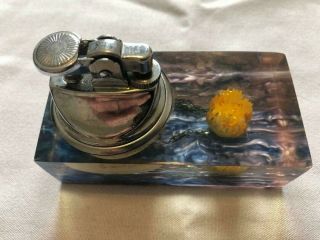 Vintage Clear Lucite Petrol Table Lighter Yellow Waterlily Riverscene