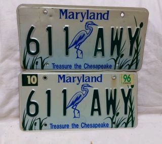 Vintage Maryland License Plate Pair Treasure The Chesapeake 1996