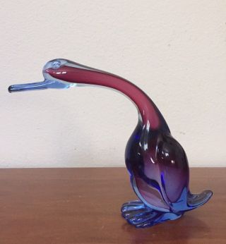 Vintage Mid Century Murano Art Glass Duck Goose Blue/purple/red 9 "