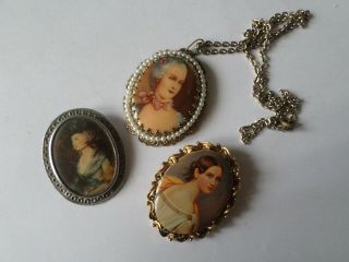 2 Vintage Portrait Style Picture Brooches & A Pendnat On Chain