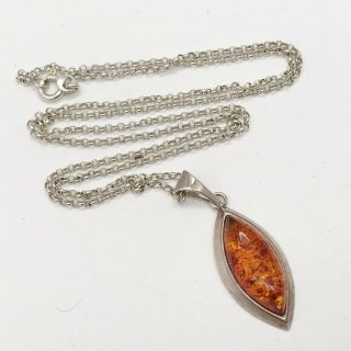 Vintage 925 Solid Sterling Silver Amber Set Dropper Ladies Pendant And Necklace