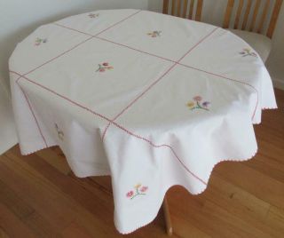 Bargain Vintage Tablecloth Hand Embroidered Needlepoint Work On Linen Fabric