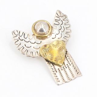 Vtg Sterling Silver & Brass Accent - Stamped Angel Pendant Brooch Pin - 6.  5g