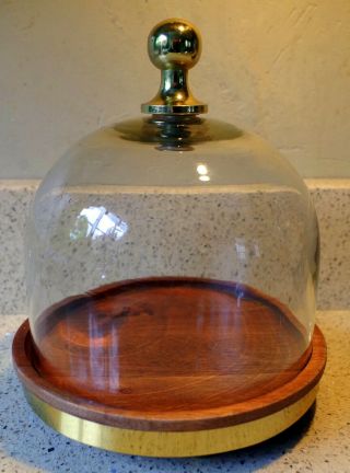 Vintage Glass Cheese Crackers Dome Teak Wood With Solid Brass Feet & Trim 9 " H R