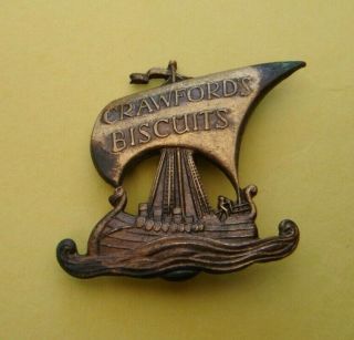 Vintage Crawfords Biscuits Advertising Viking Ship Brass Pin Badge By Gaunt
